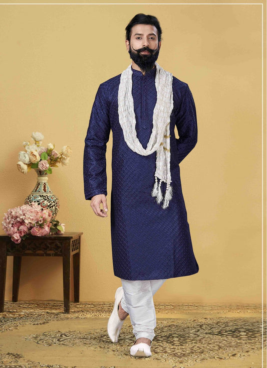 Embroidered Jacquard Silk Blue Kurta Pyjama - M1735