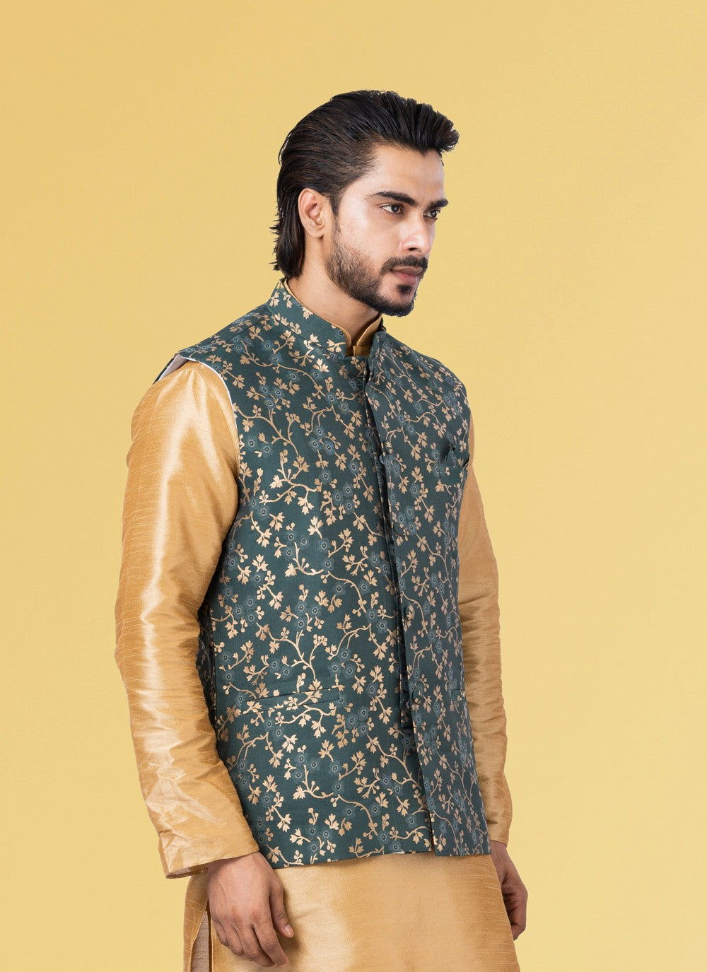 Embroidered Jacquard Silk Green Nehru Jackets - M3837