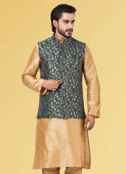 Embroidered Jacquard Silk Green Nehru Jackets - M3837