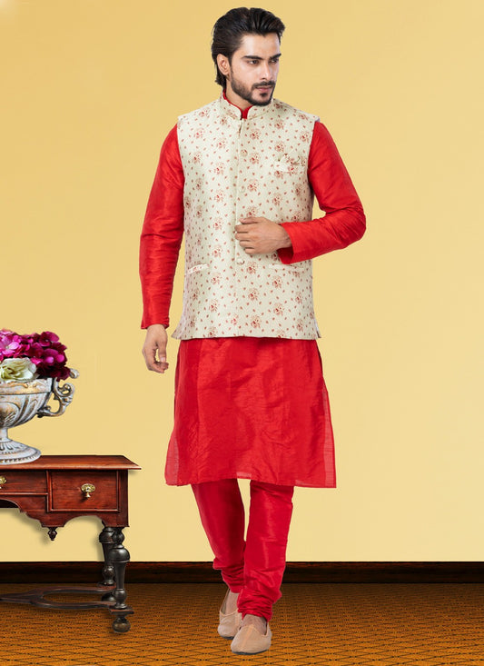 Embroidered Dupion Silk, Jacquard Silk Cream, Red Kurta Payjama With Jacket - M3765