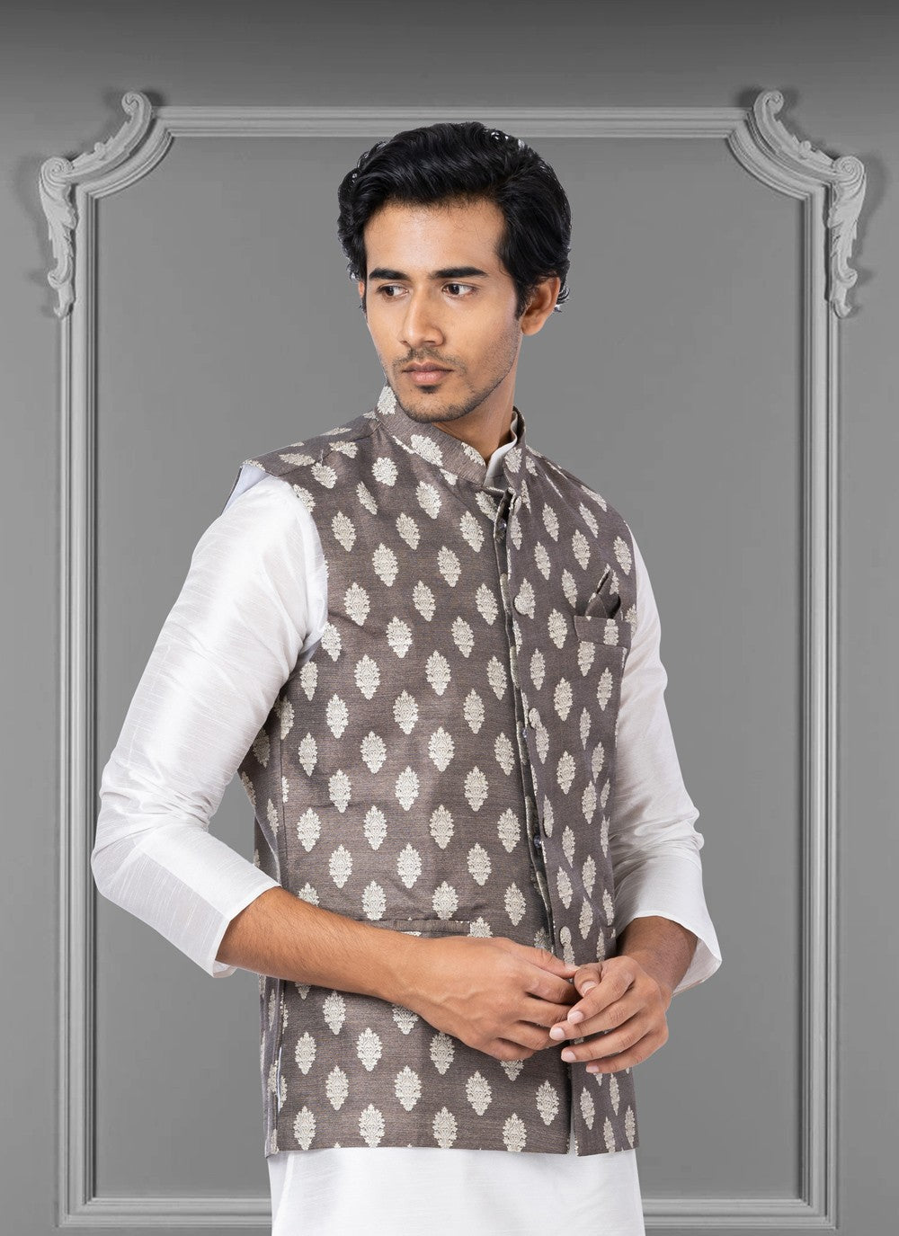 Embroidered Jacquard Silk Grey Nehru Jackets - M3807