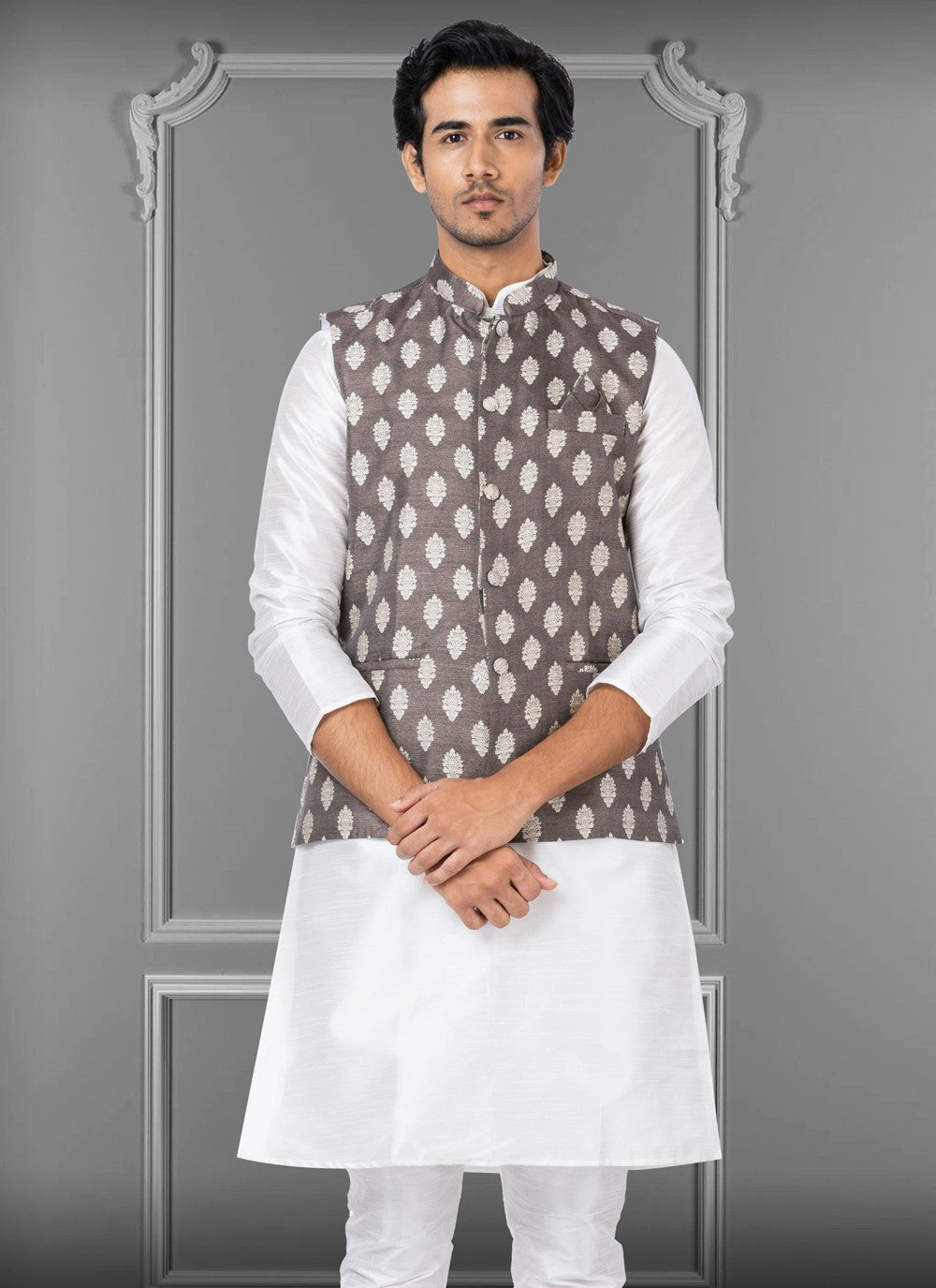 Embroidered Jacquard Silk Grey Nehru Jackets - M3807