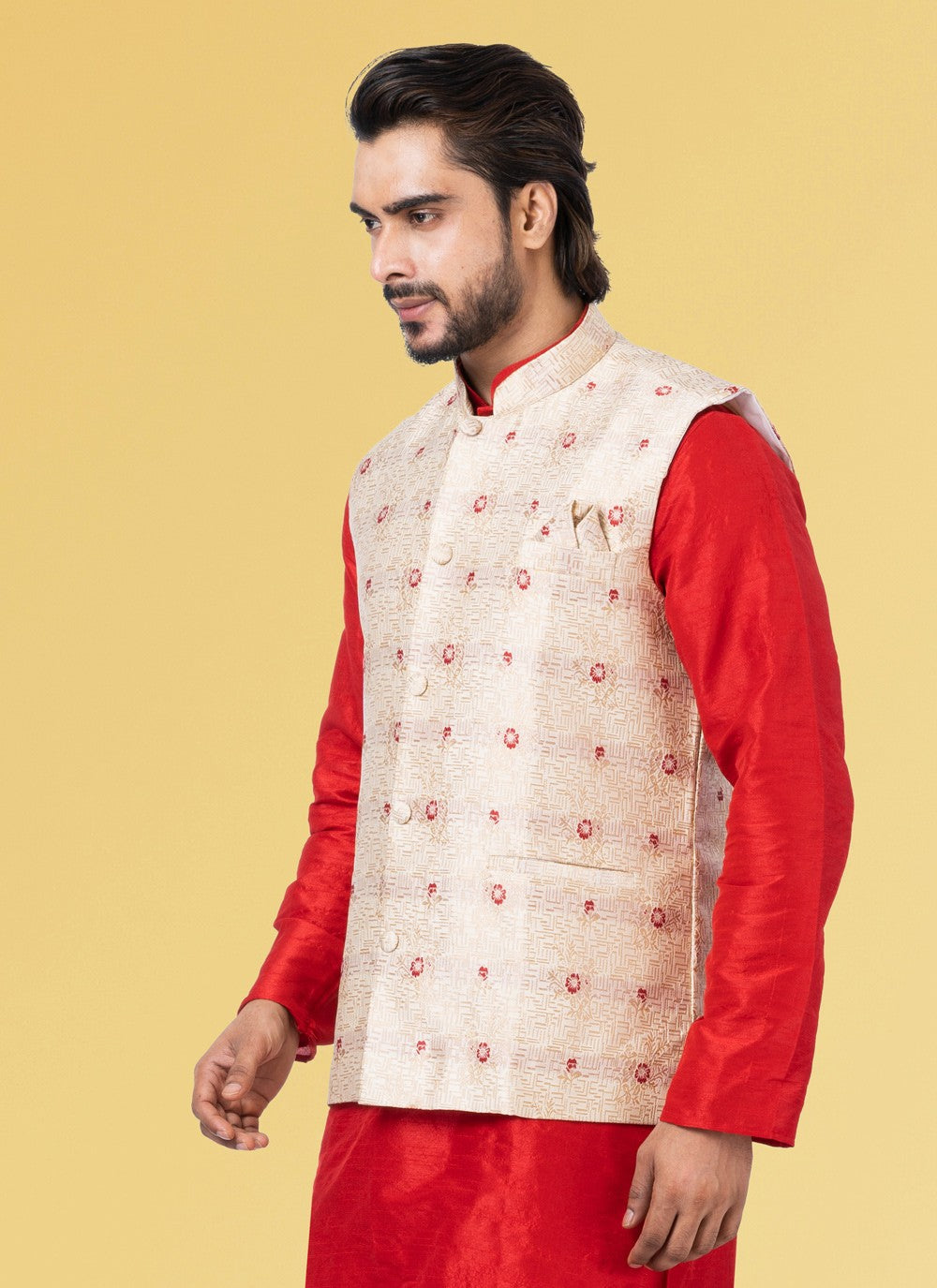 Embroidered Jacquard Silk Off White Nehru Jackets - M3846