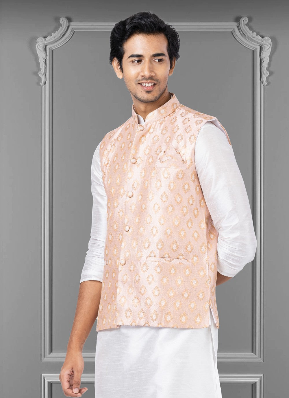 Embroidered Jacquard Silk Peach Nehru Jackets - M3823