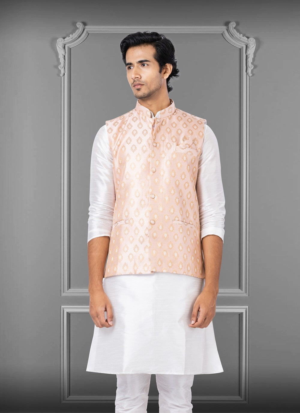 Embroidered Jacquard Silk Peach Nehru Jackets - M3823