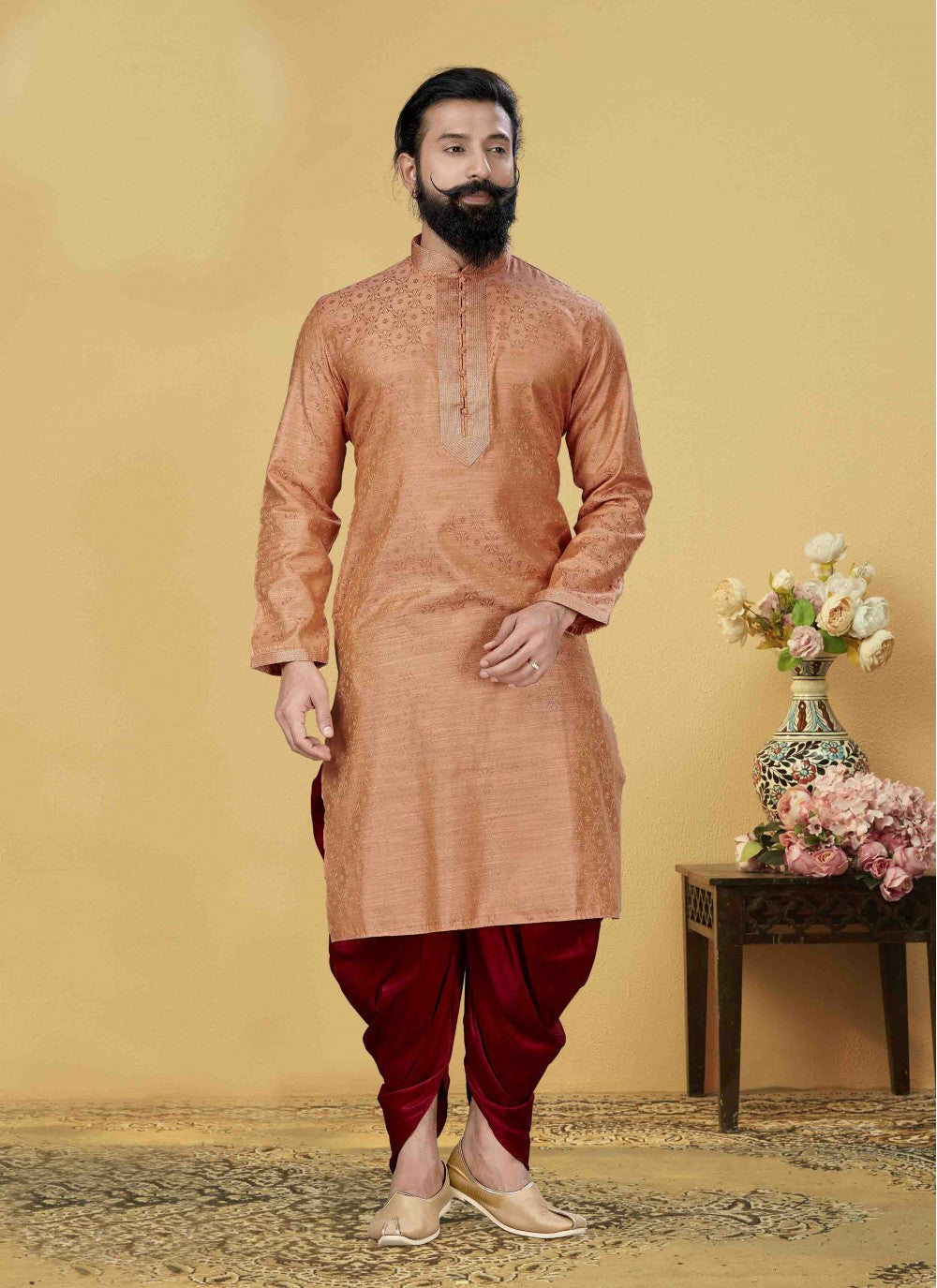 Embroidered Jacquard Silk Peach Kurta Pyjama - M1861