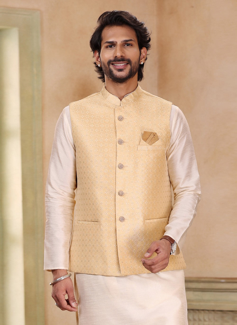 Fancy Work Jacquard Silk Beige, Cream Kurta Payjama With Jacket - M5198