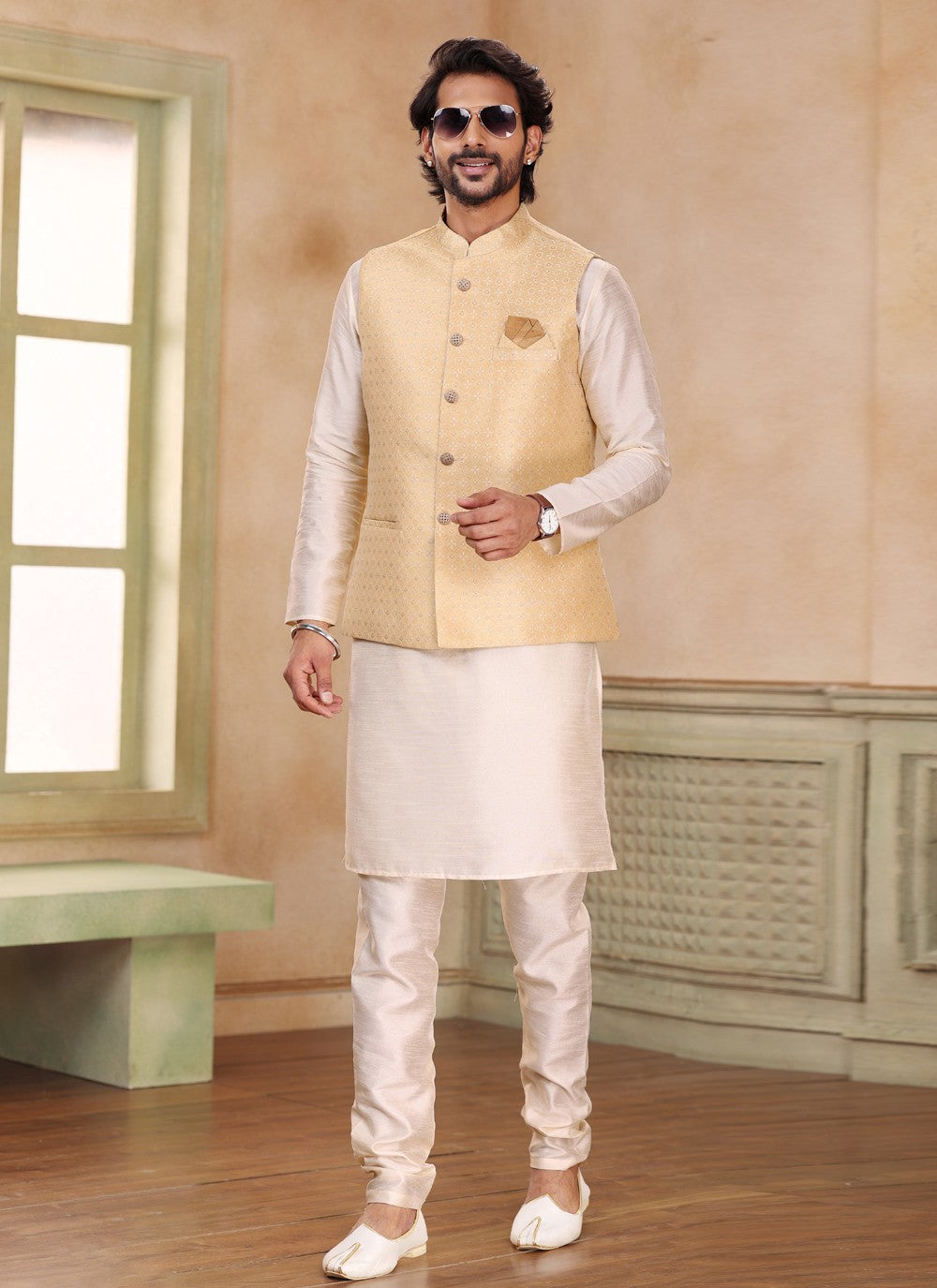 Fancy Work Jacquard Silk Beige, Cream Kurta Payjama With Jacket - M5198