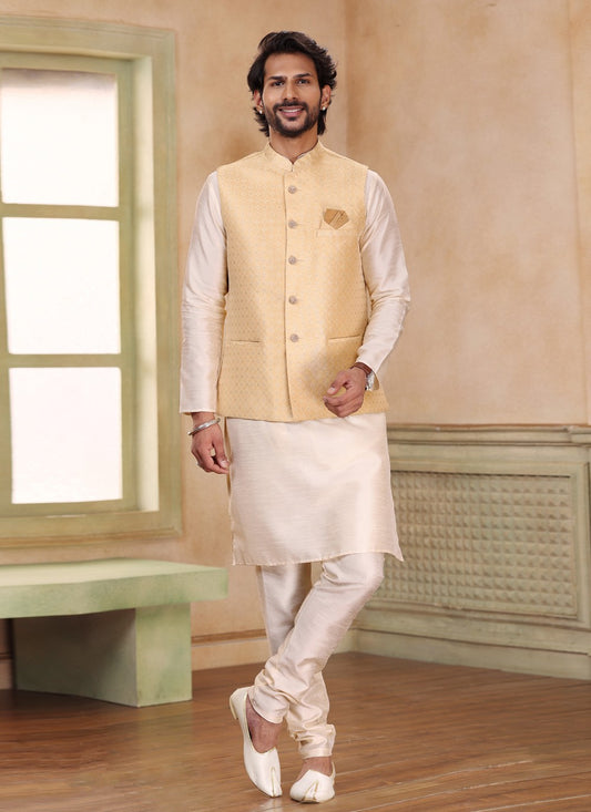 Fancy Work Jacquard Silk Beige, Cream Kurta Payjama With Jacket - M5198