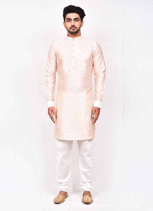 Fancy Work Jacquard Silk Cream Kurta Pyjama - M3260