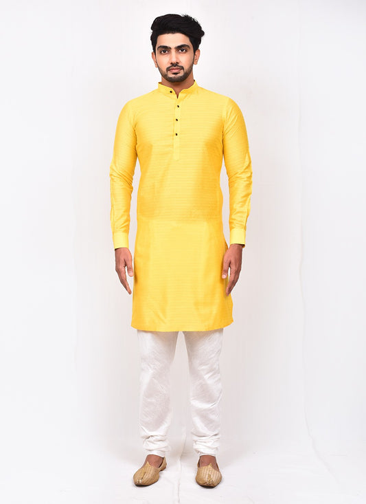 Fancy Work Jacquard Silk Yellow Kurta Pyjama - M3257