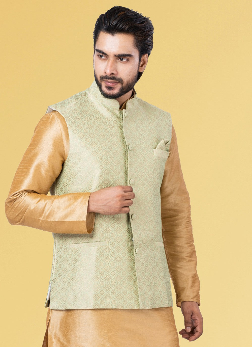 Embroidered Jacquard Silk Gold Nehru Jackets - M3840