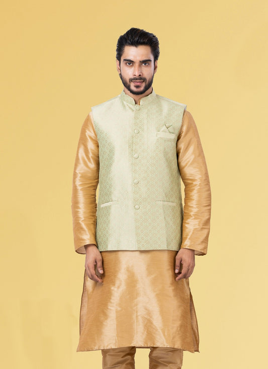 Embroidered Jacquard Silk Gold Nehru Jackets - M3840