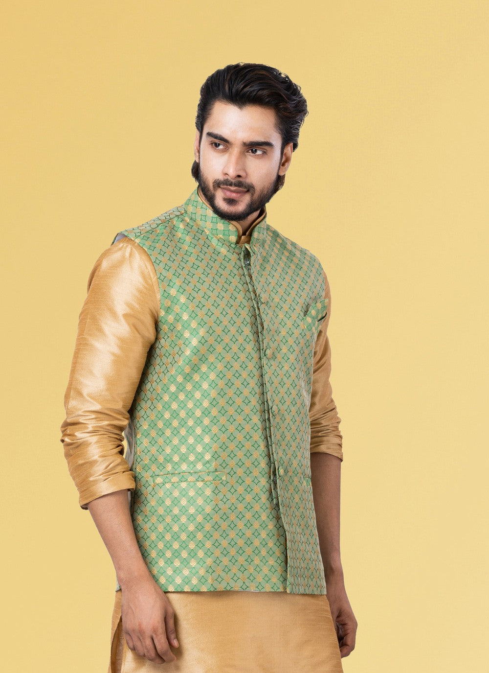 Embroidered Jacquard Silk Green Nehru Jackets - M3838