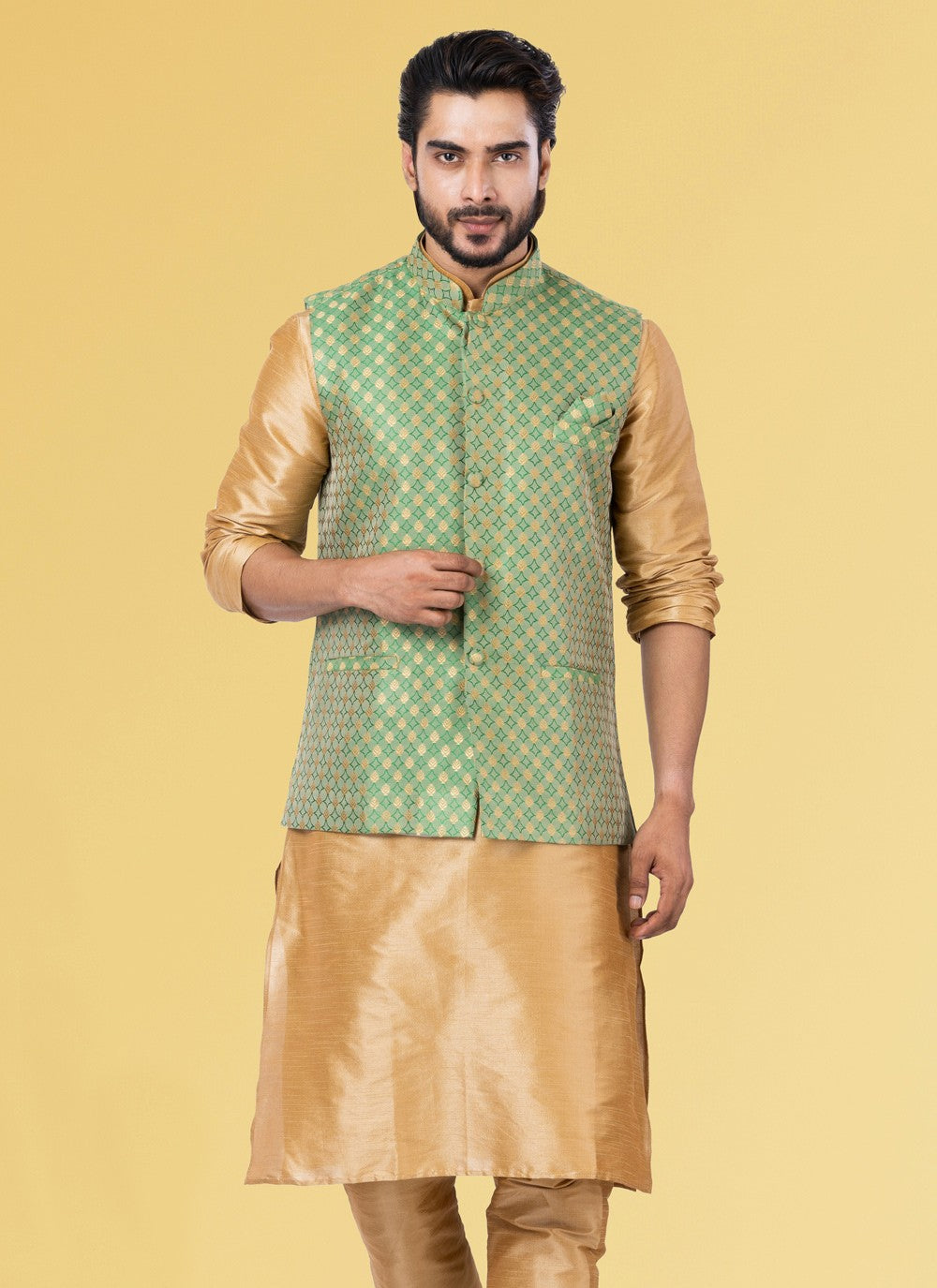 Embroidered Jacquard Silk Green Nehru Jackets - M3838