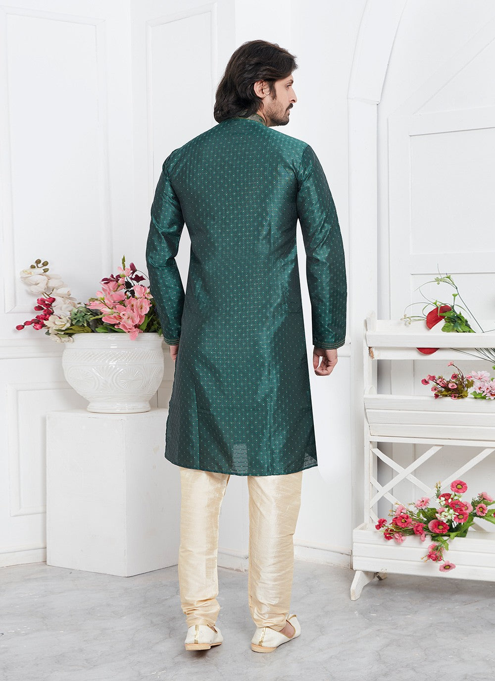 Pintex Brocade, Jacquard Silk Green Kurta Pyjama - M7769