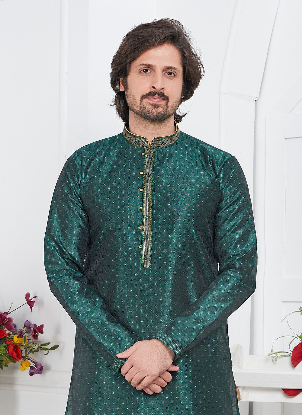 Pintex Brocade, Jacquard Silk Green Kurta Pyjama - M7769