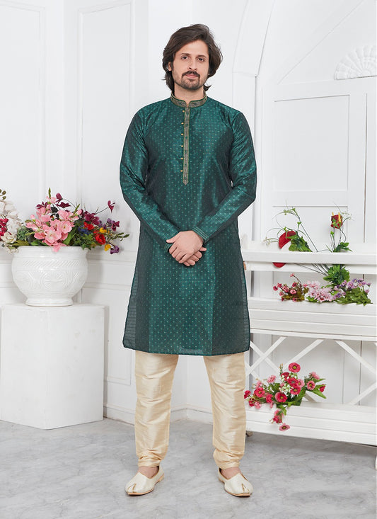 Pintex Brocade, Jacquard Silk Green Kurta Pyjama - M7769