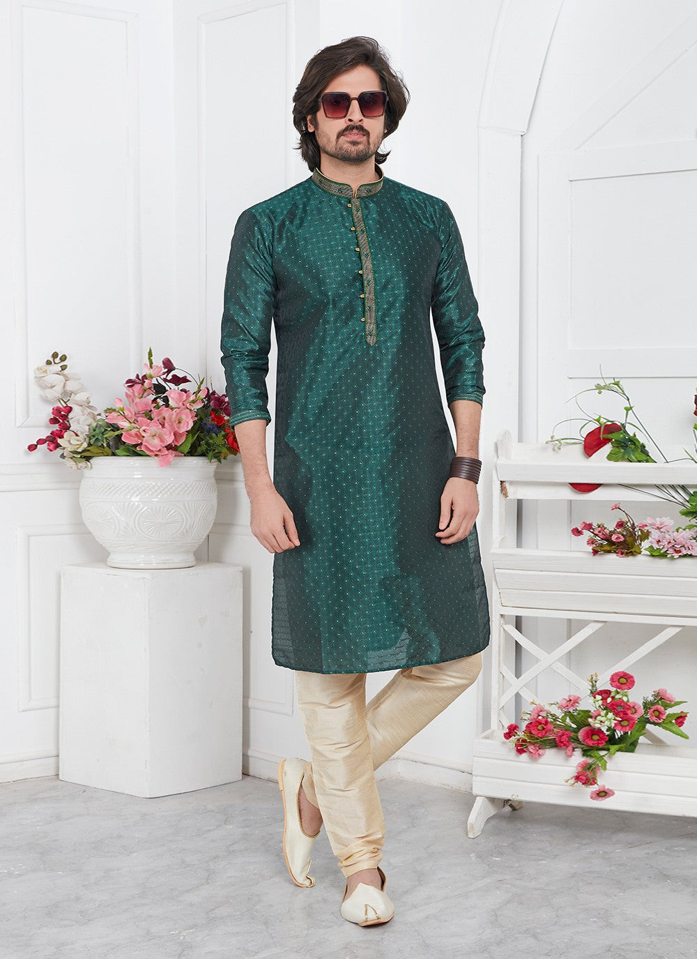 Pintex Brocade, Jacquard Silk Green Kurta Pyjama - M7769