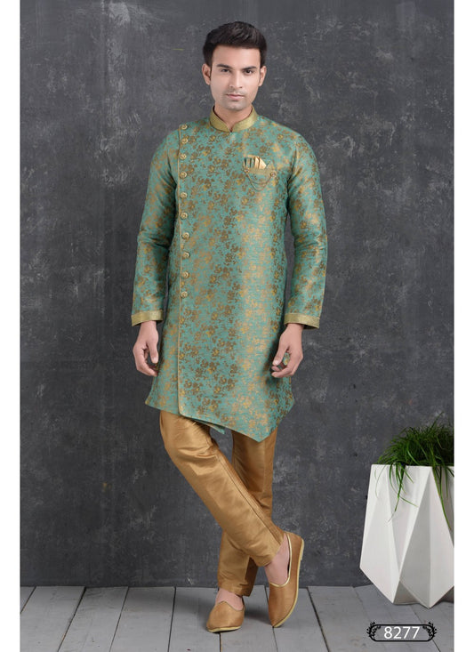 Printed Jacquard Silk Green Indo Western - M1775