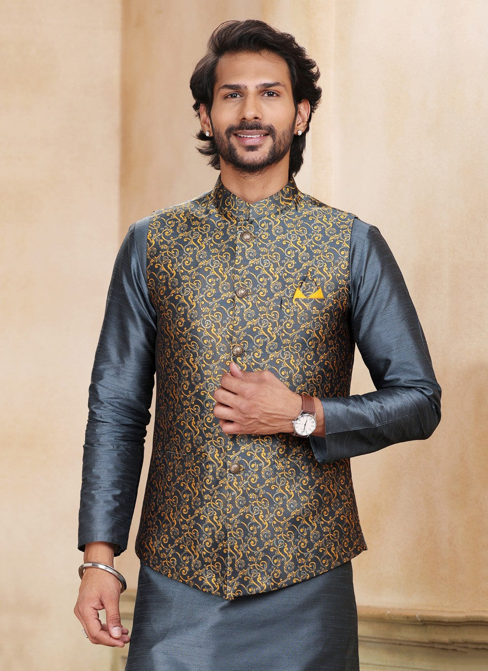 Fancy Work Jacquard Silk Grey Kurta Payjama With Jacket - M5205