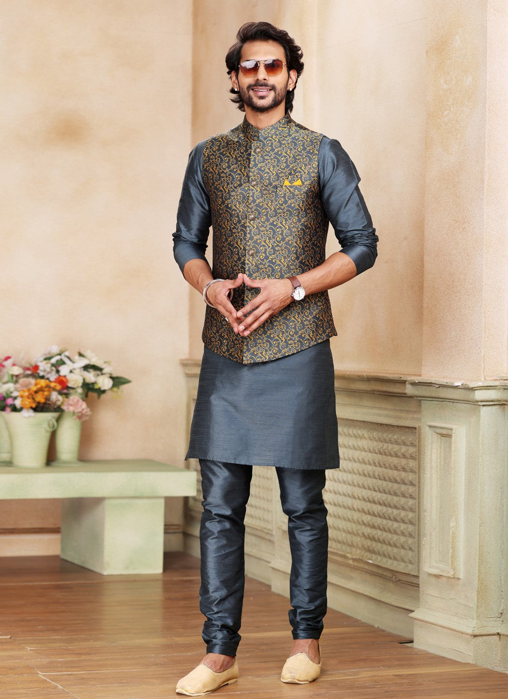 Fancy Work Jacquard Silk Grey Kurta Payjama With Jacket - M5205