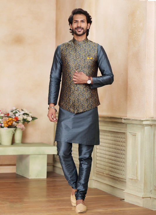 Fancy Work Jacquard Silk Grey Kurta Payjama With Jacket - M5205