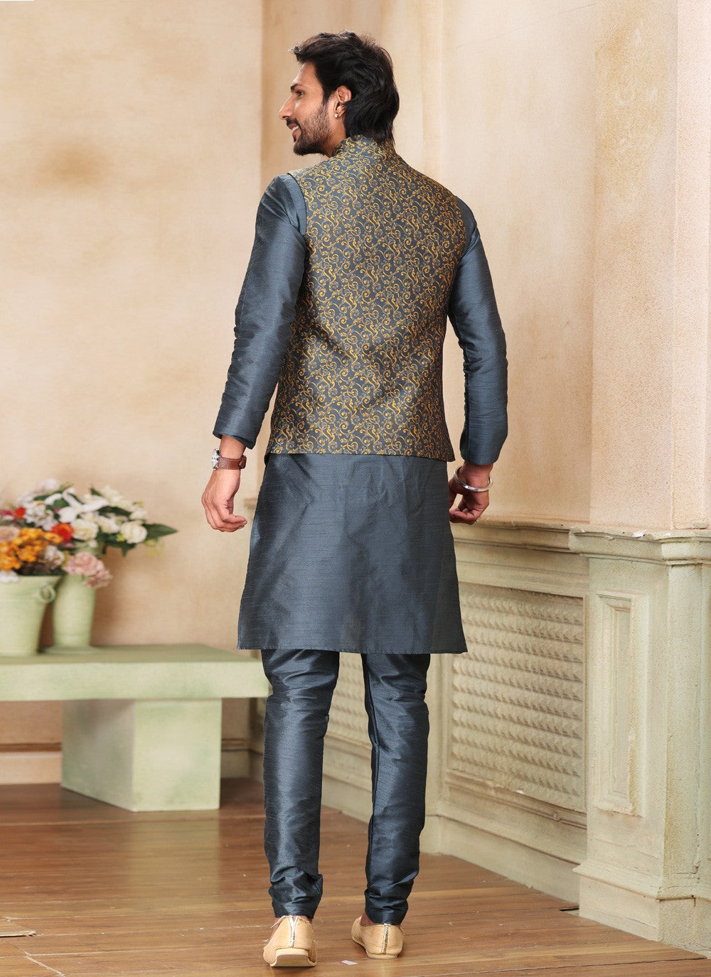 Fancy Work Jacquard Silk Grey Kurta Payjama With Jacket - M5205