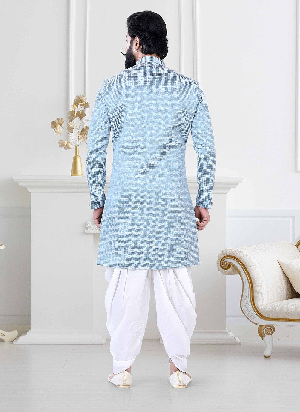 Woven Jacquard Silk Aqua Blue Indo Western - M4164