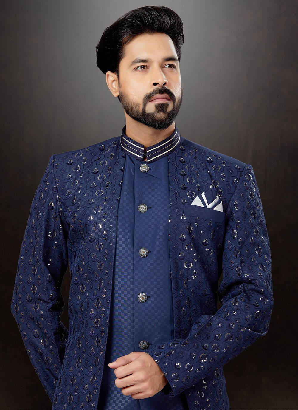 Embroidered Jacquard Silk Blue Indo Western Sherwani - M4810