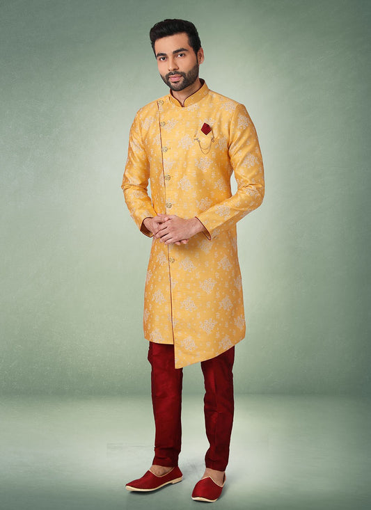 Jacquard Work Brocade, Jacquard Silk Yellow Indo Western - M2531