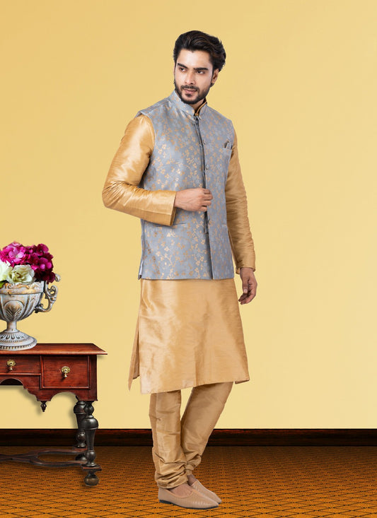 Jacquard Work Dupion Silk, Jacquard Silk Beige, Grey Kurta Payjama With Jacket - M3763