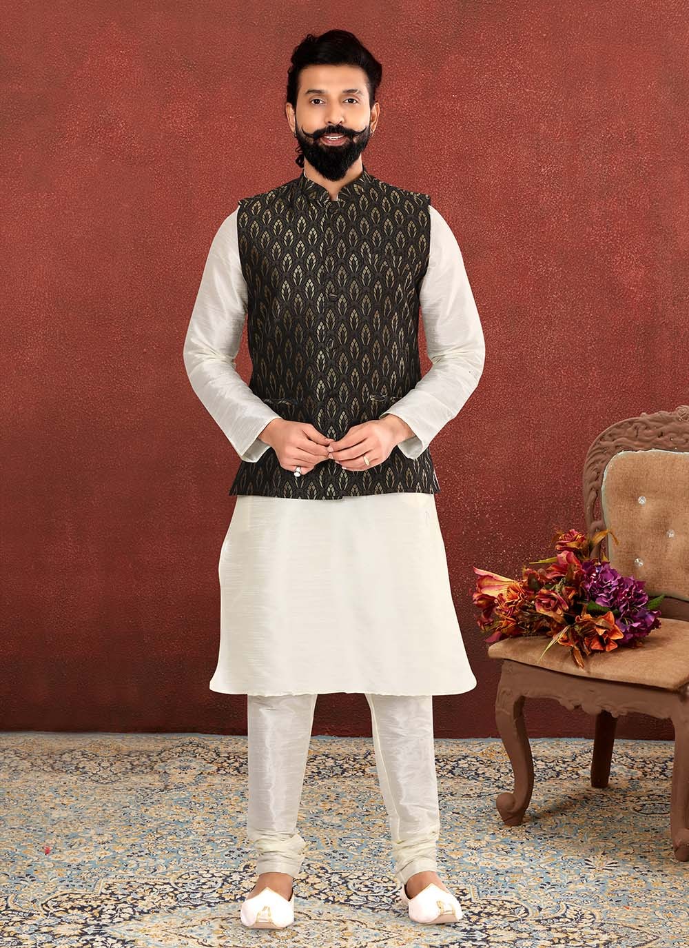 Jacquard Work Jacquard Silk Black, Off White Kurta Payjama With Jacket - M2564