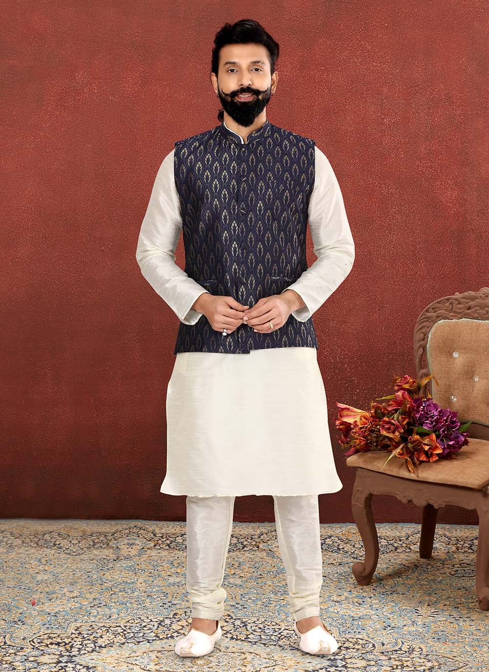 Jacquard Work Jacquard Silk Blue, Off White Kurta Payjama With Jacket - M2565