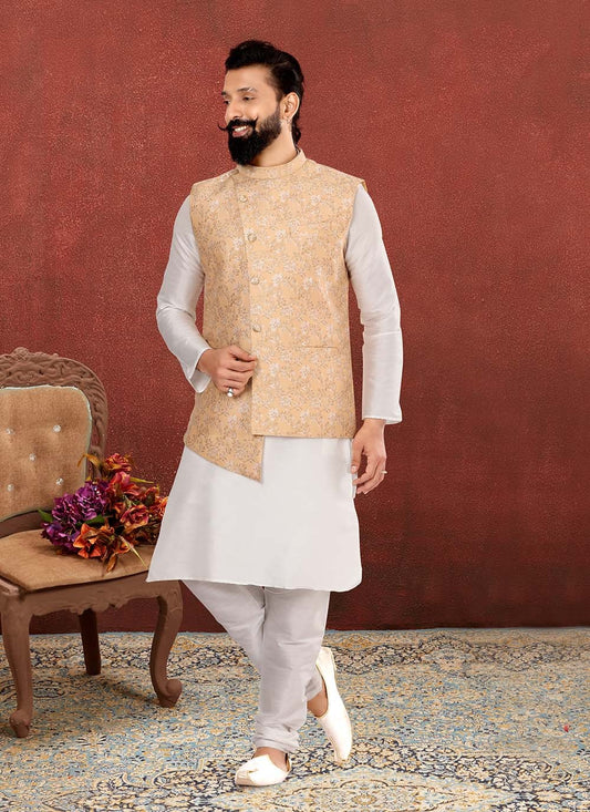 Jacquard Work Jacquard Silk Off White, Peach Kurta Payjama With Jacket - M2554