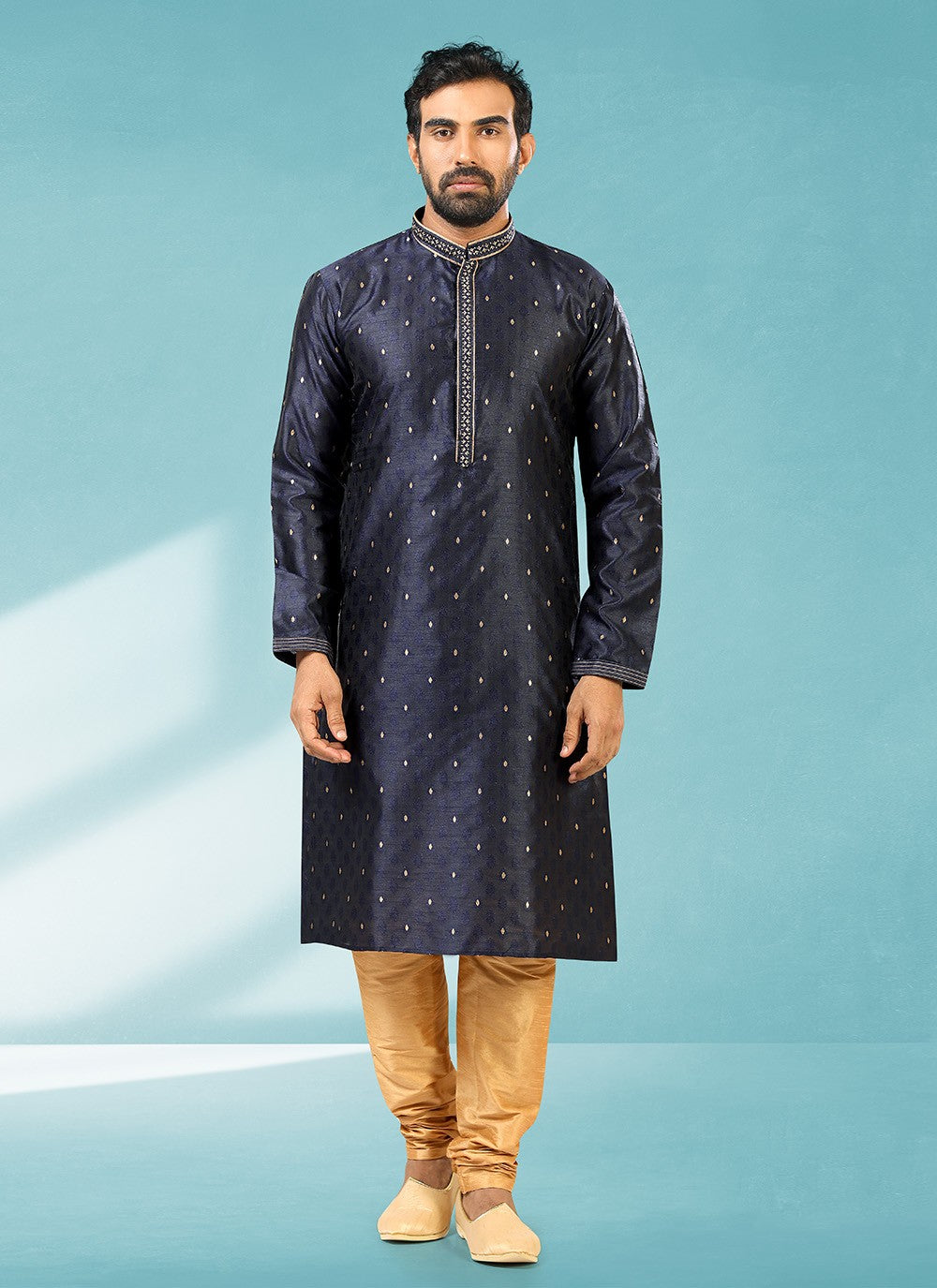 Plain Brocade, Jacquard Silk Blue Kurta Pyjama - M2312