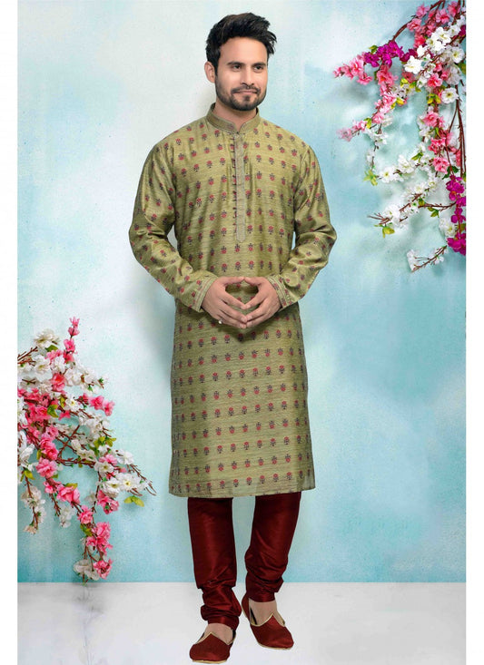 Printed Jacquard Silk Green Kurta Pyjama - M1681