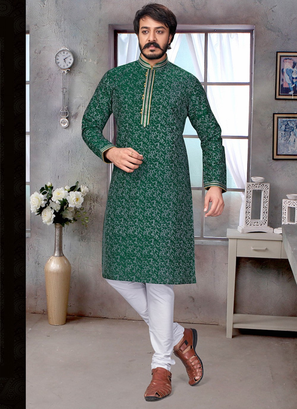 Printed Jacquard Silk Green Kurta Pyjama - M1888