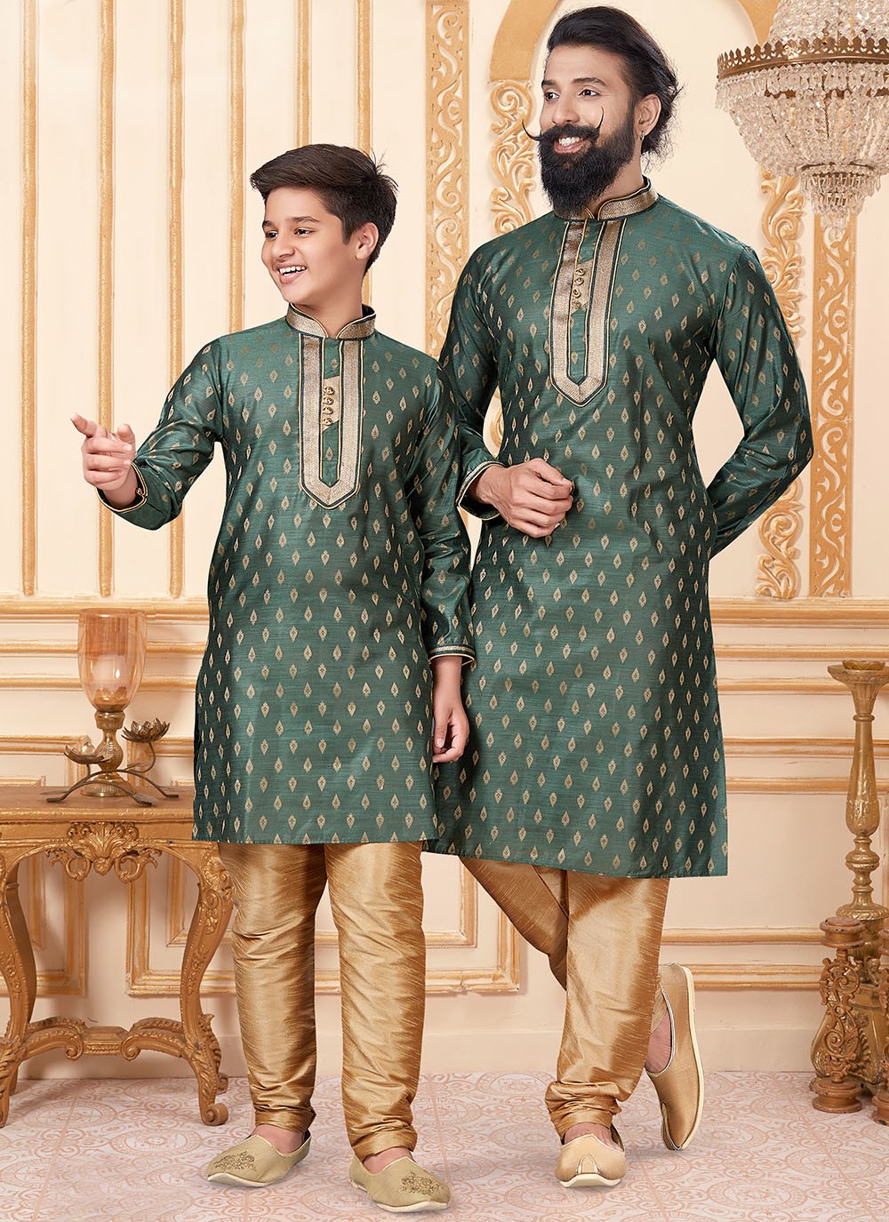 Buttis Jacquard Silk Green Kurta Pyjama - M1916