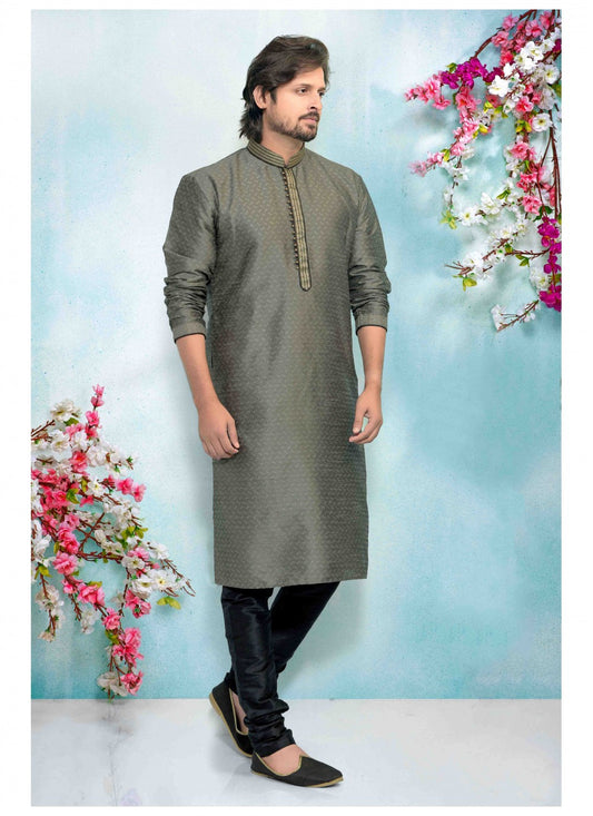 Printed Jacquard Silk Grey Kurta Pyjama - M1685