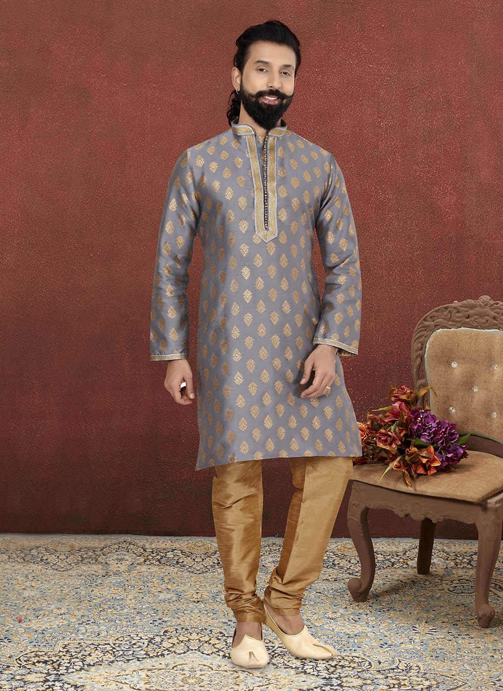 Jacquard Work Jacquard Silk Grey Kurta Pyjama - M2597