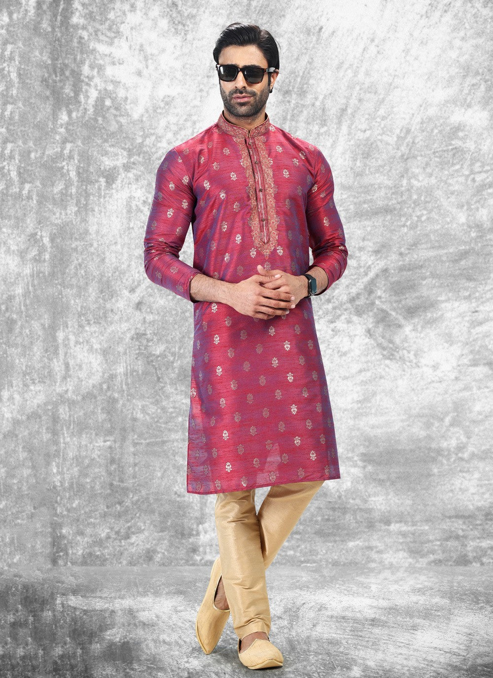 Fancy Work Brocade, Jacquard Silk Magenta Kurta Pyjama - M4853