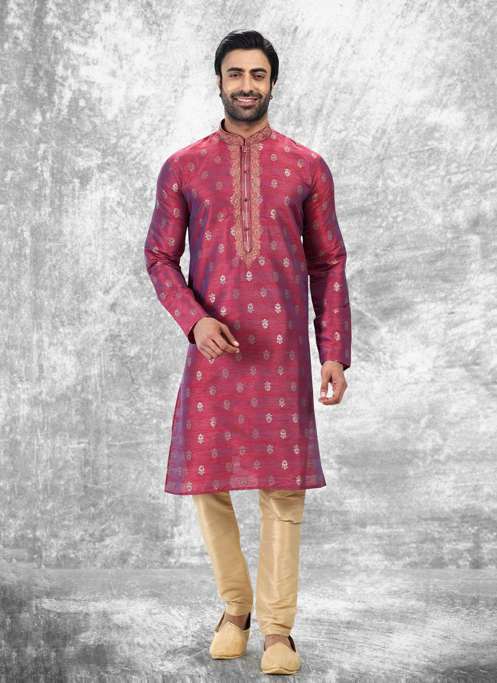 Fancy Work Brocade, Jacquard Silk Magenta Kurta Pyjama - M4853