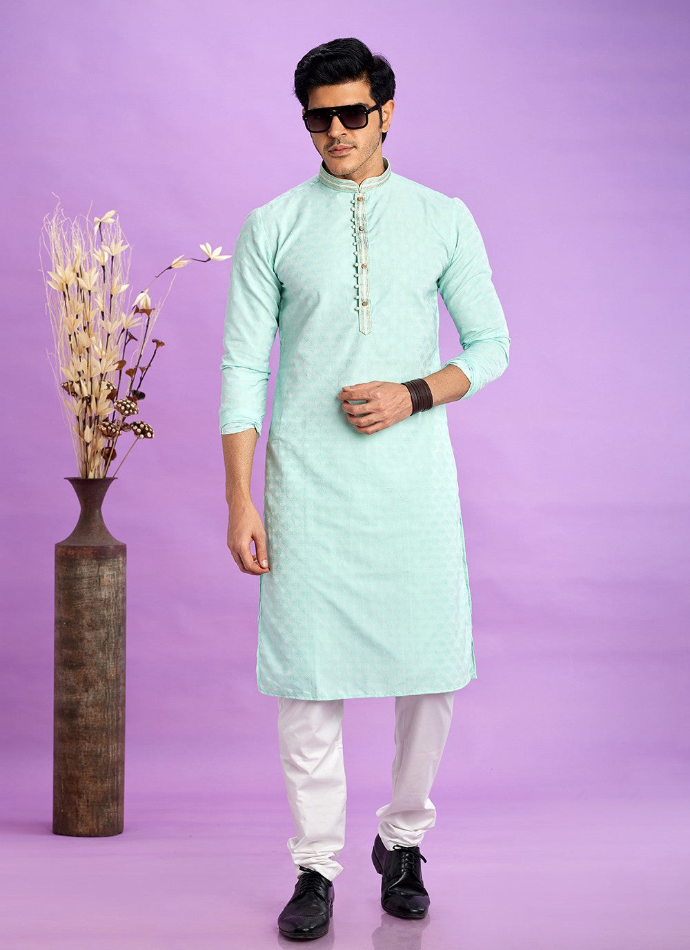 Fancy Work Jacquard Silk Sea Green Kurta Pyjama - M6922