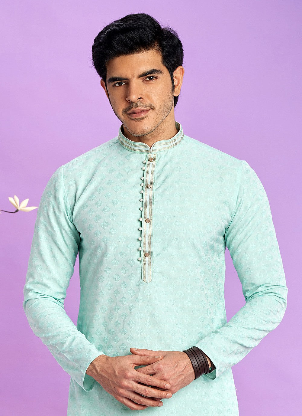 Fancy Work Jacquard Silk Sea Green Kurta Pyjama - M6922