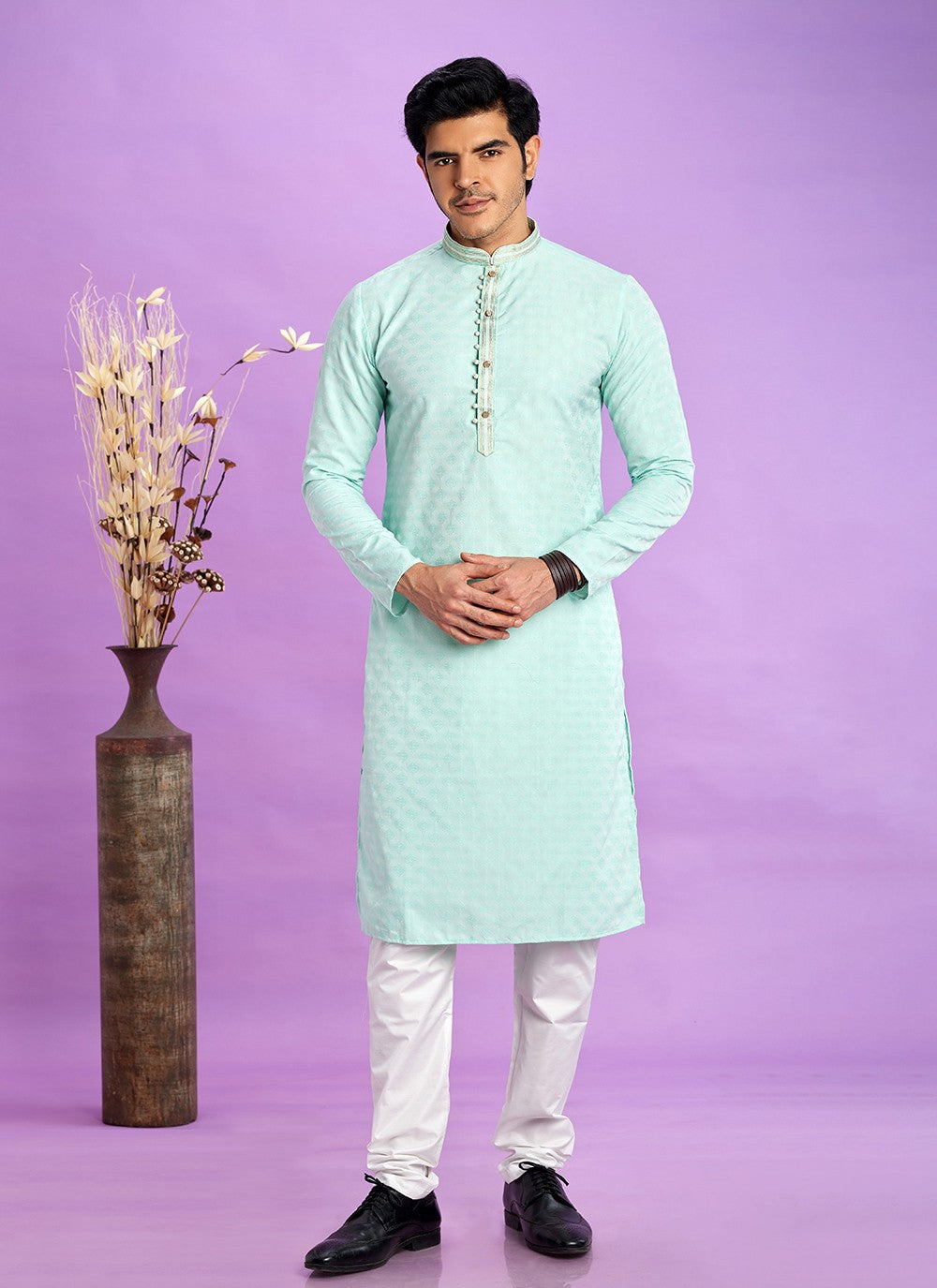 Fancy Work Jacquard Silk Sea Green Kurta Pyjama - M6922