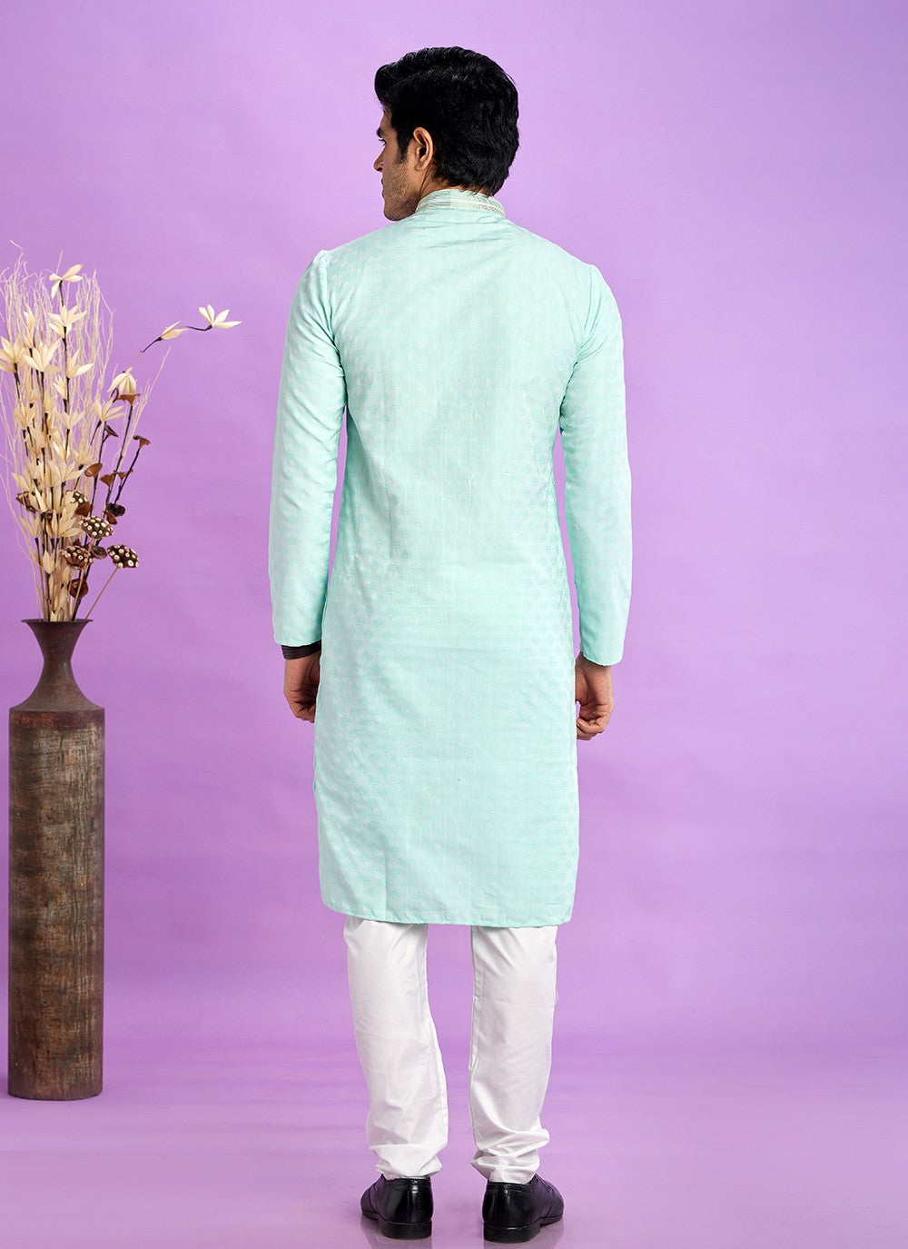 Fancy Work Jacquard Silk Sea Green Kurta Pyjama - M6922