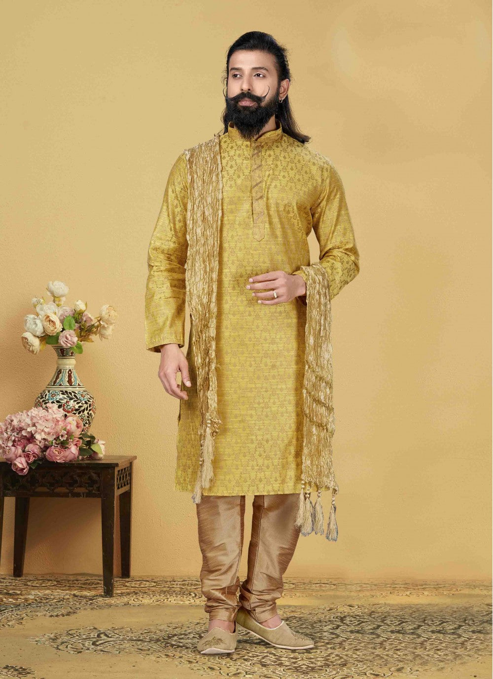 Embroidered Jacquard Silk Yellow Kurta Pyjama - M1853