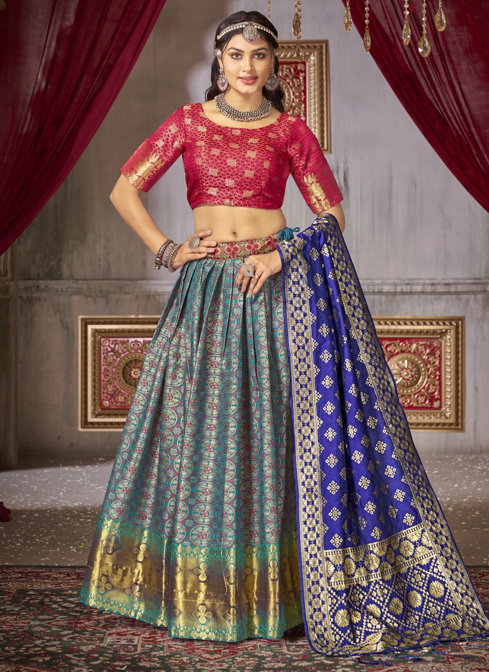 Weaving Zari Jacquard Silk A - Line Lehenga - L1241