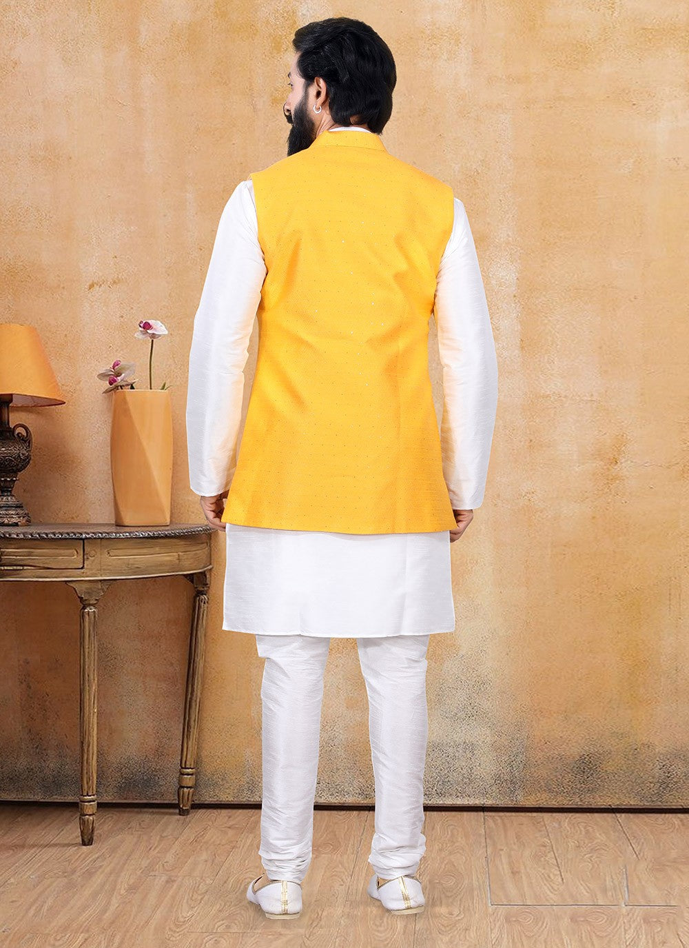 Fancy Work Jacquard Silk Mustard, Off White Kurta Payjama With Jacket - M3385